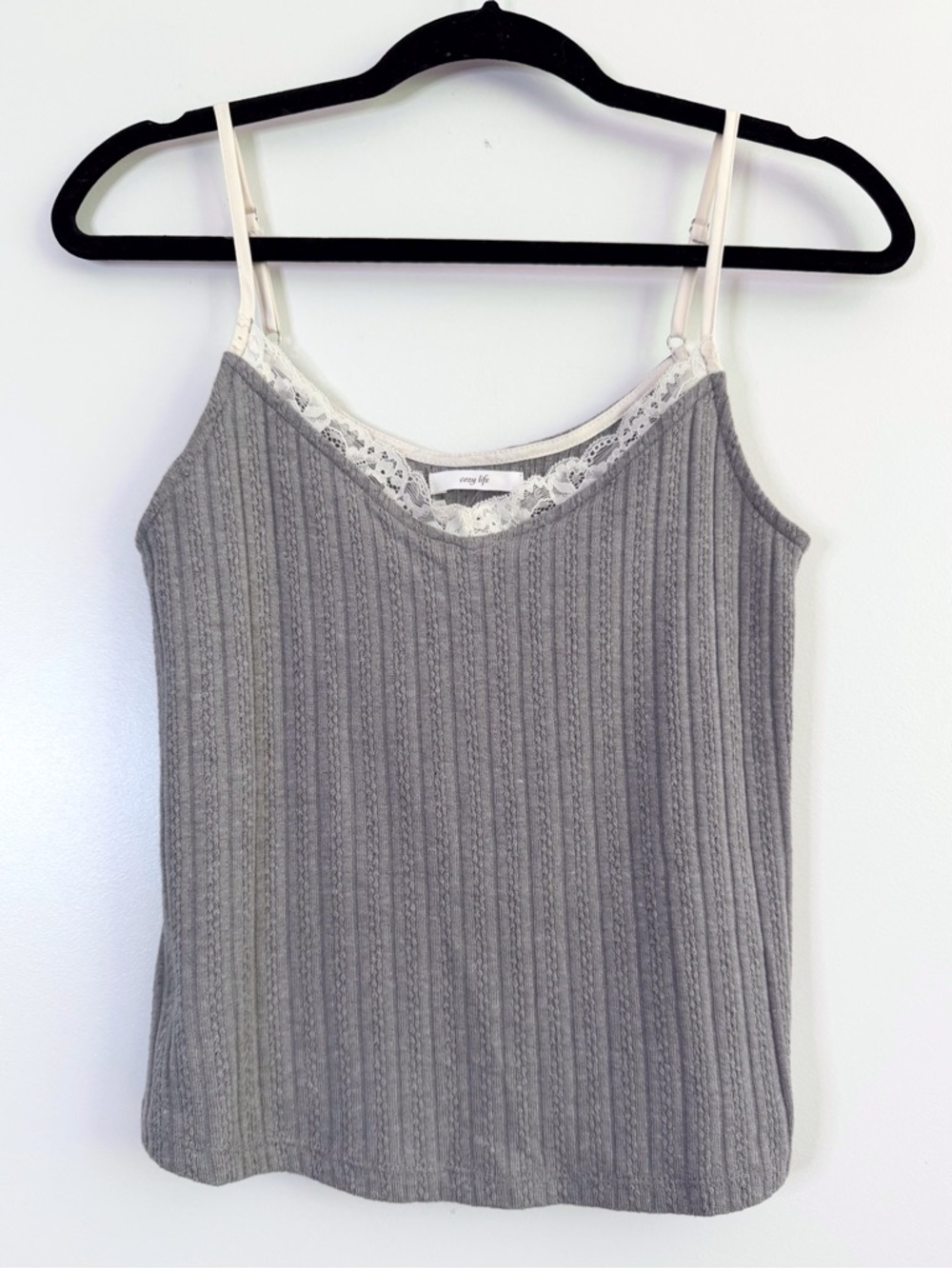 Blu Pepper Gray Ribbed Lace-Trim Camisole with Cream Straps Small